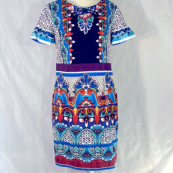 Alberta Ferretti Dresses & Skirts - Alberta Ferretti Multi Color Cotton Short Sleeve Crew Neck Sheath Dress 12
